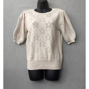 Elie Tahari Sweater Top Womens M Neutral Eyelet Knit Puff Sleeve Soft Capsule